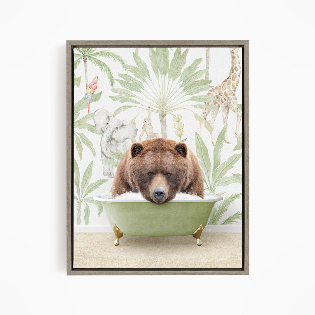 A brown bear is sitting in a green bathtub, surrounded by tropical foliage and animals, creating a whimsical and playful scene.