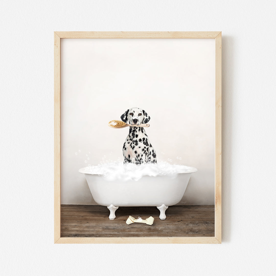 a dalmatian dog sitting in a bathtub with a banana in its mouth