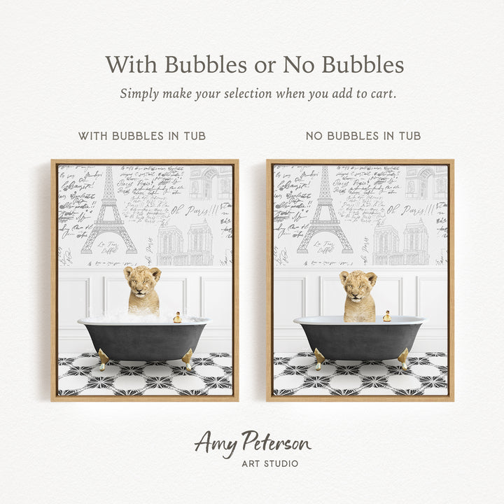 The image is a collage of two pictures, each featuring a lion sitting in a bathtub. The lion appears to be enjoying a bubble bath, surrounded by bubbles. The collage is titled "With Bubbles or No Bubbles" and is created by Amy Peterson from Art Studio.