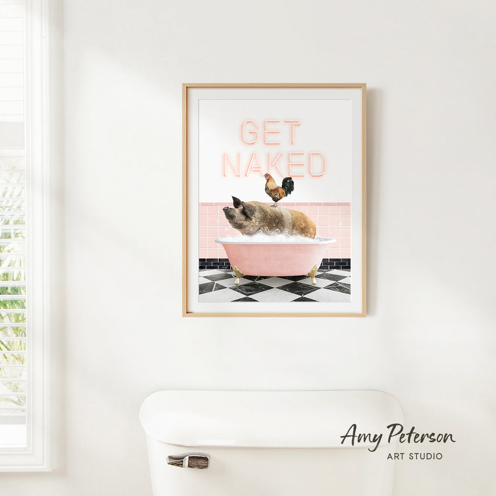 a framed print of a pig sitting in a pink bathtub, with a rooster perched on the edge of the tub.