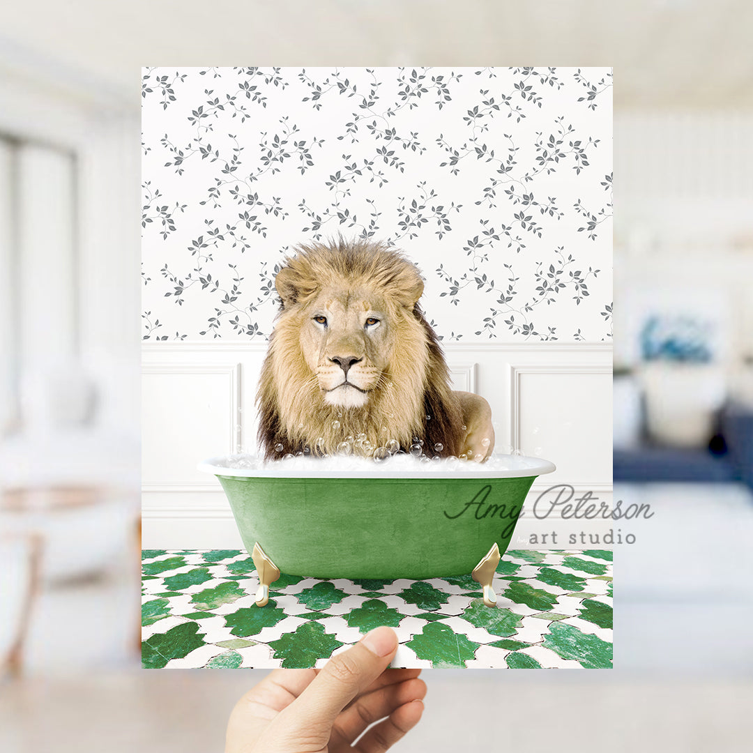 a hand holding a card with a lion in a bathtub