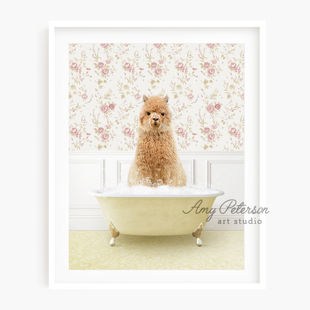 a dog sitting in a bathtub with a floral wallpaper behind it