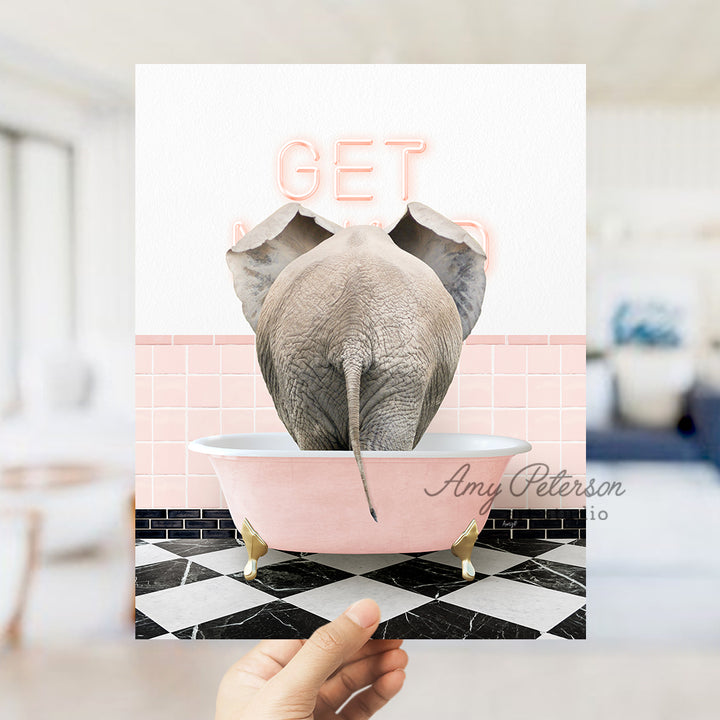 a person holding up a card with an elephant in a bathtub