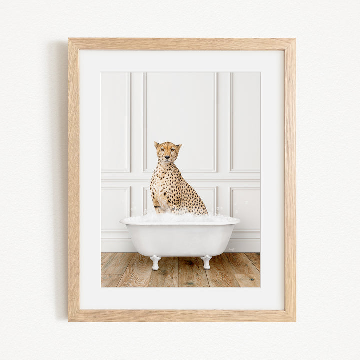 A cheetah sitting in a white bathtub filled with water, creating a playful and whimsical scene.