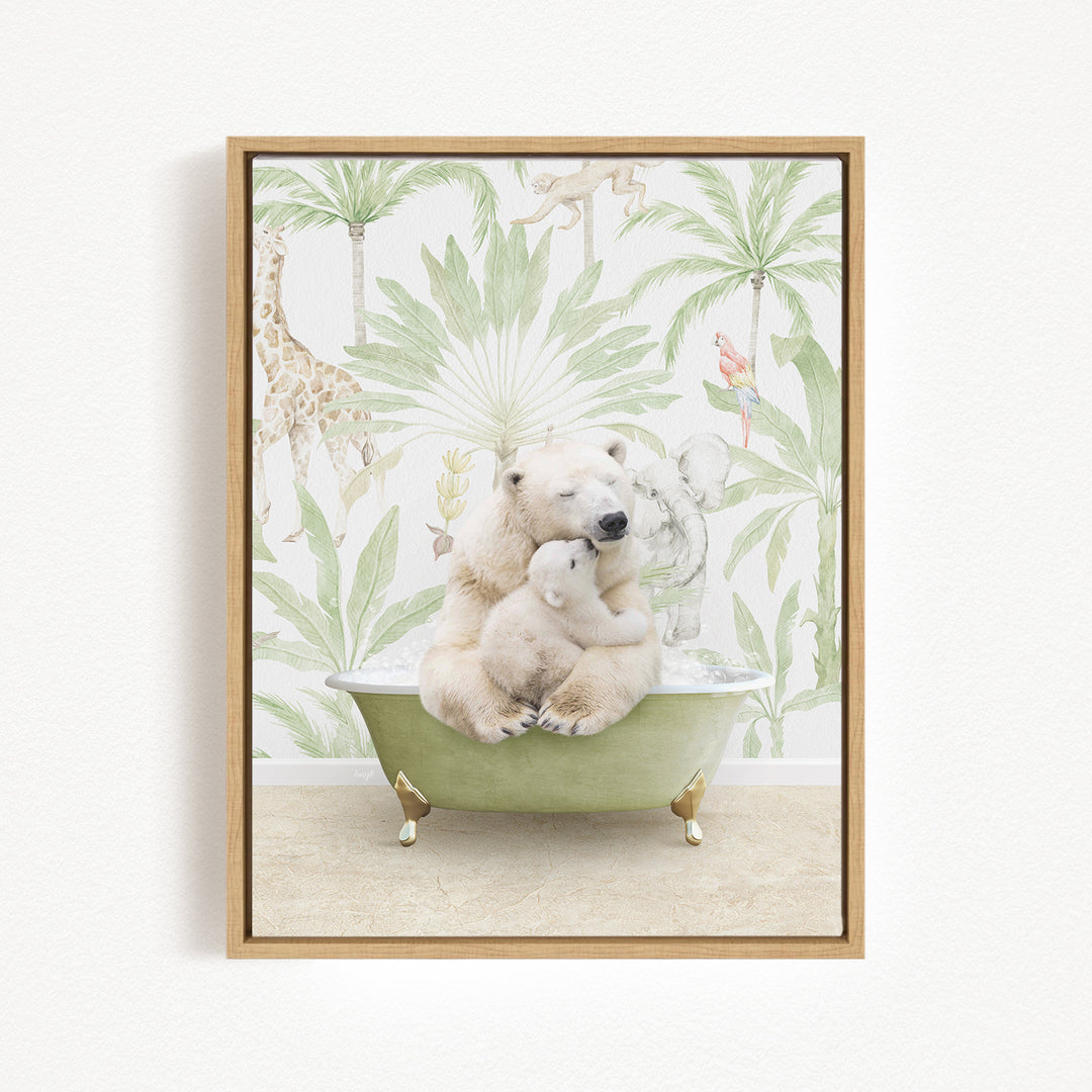 A polar bear is sitting in a green bathtub, surrounded by tropical plants and animals, creating a whimsical and playful scene.