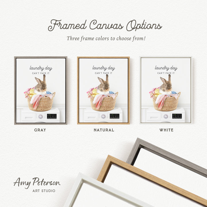 three framed canvas options, each featuring a rabbit in a laundry basket. The options include a gray frame, a natural frame, and a white frame. The text above the options reads "framed Canvas Options" and "Three frame colors to choose from!".