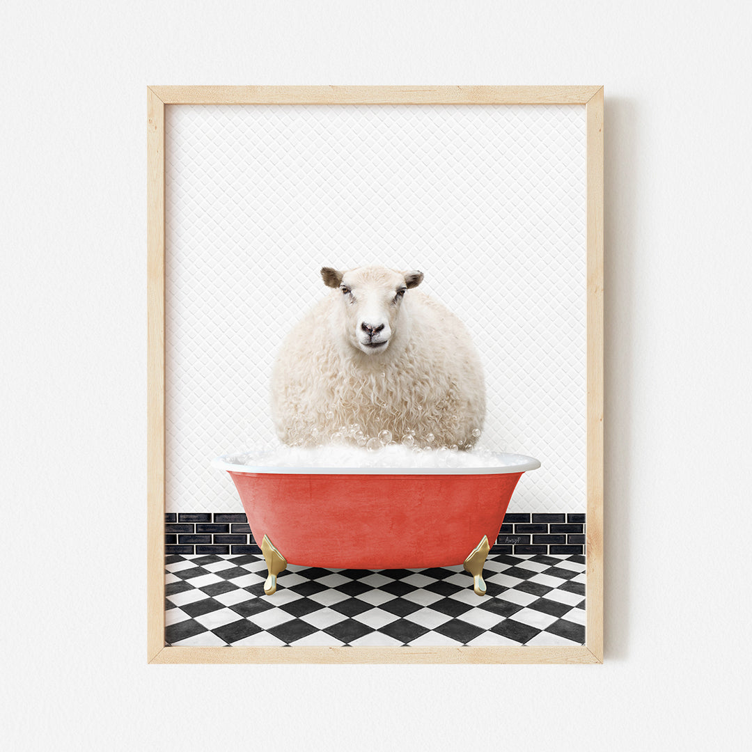 a sheep sitting in a bathtub with a black and white checkered floor