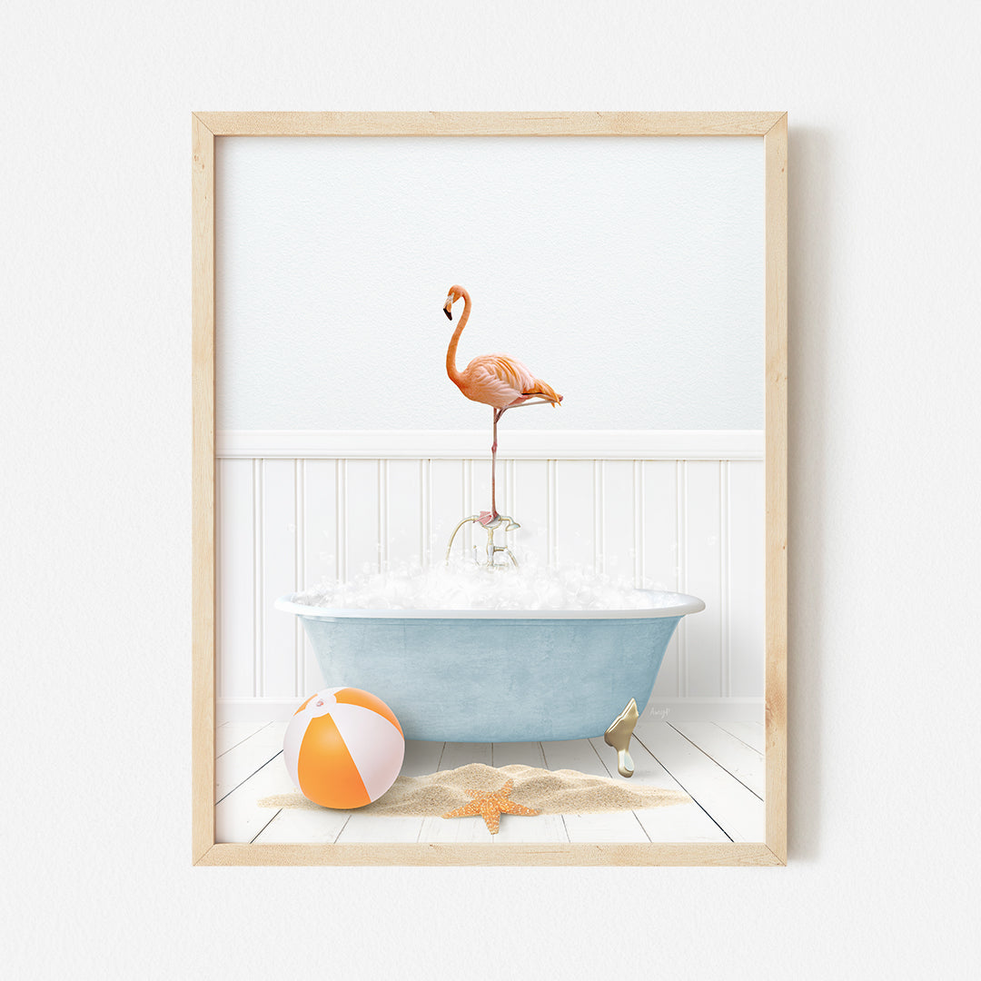 a flamingo in a bathtub with a beach ball