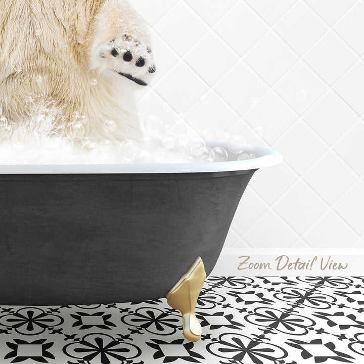 A polar bear is standing in a bathtub filled with bubbles, with its paw raised above the water.