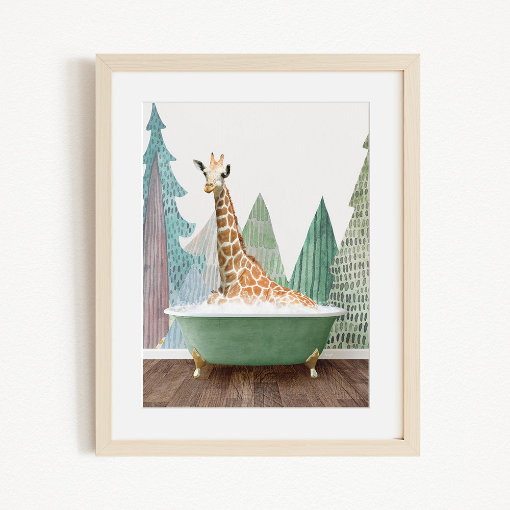 A giraffe sitting in a green bathtub, surrounded by trees and a forest-like background.