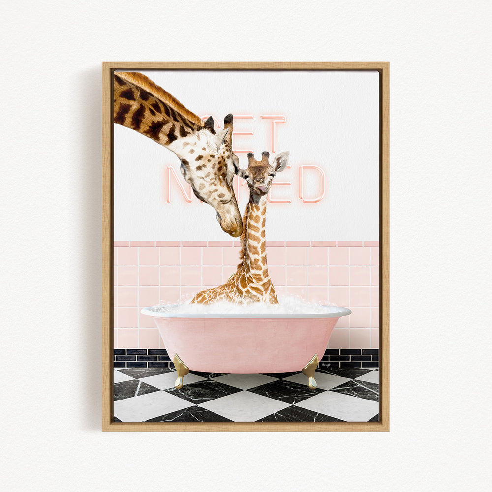A giraffe and a baby giraffe are sitting in a pink bathtub, with a pink and white checkered floor and pink and white tiled wall behind them.
