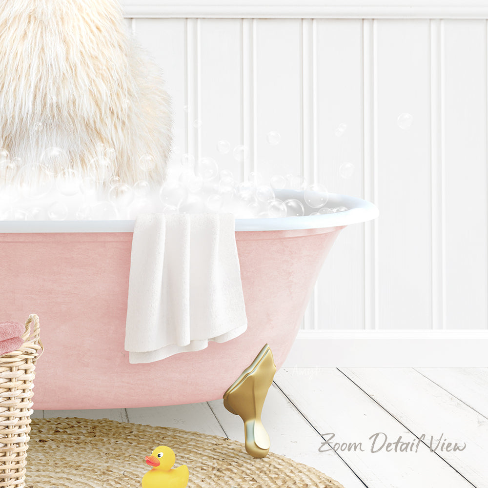 A pink bathtub filled with bubbles, with a white towel and a yellow rubber duck nearby.