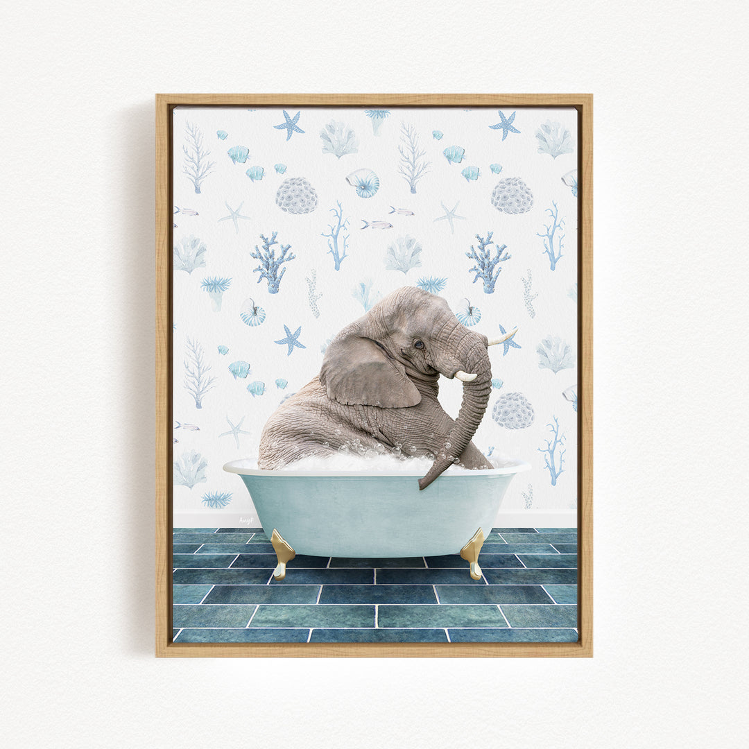 A gray elephant is sitting in a blue bathtub, surrounded by a pattern of seashells and starfish on the wall behind it.