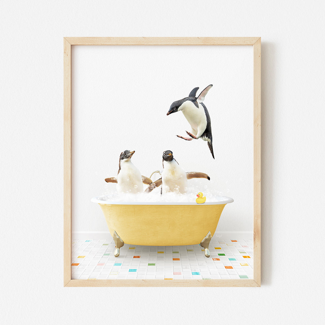 a picture of a group of penguins in a bathtub