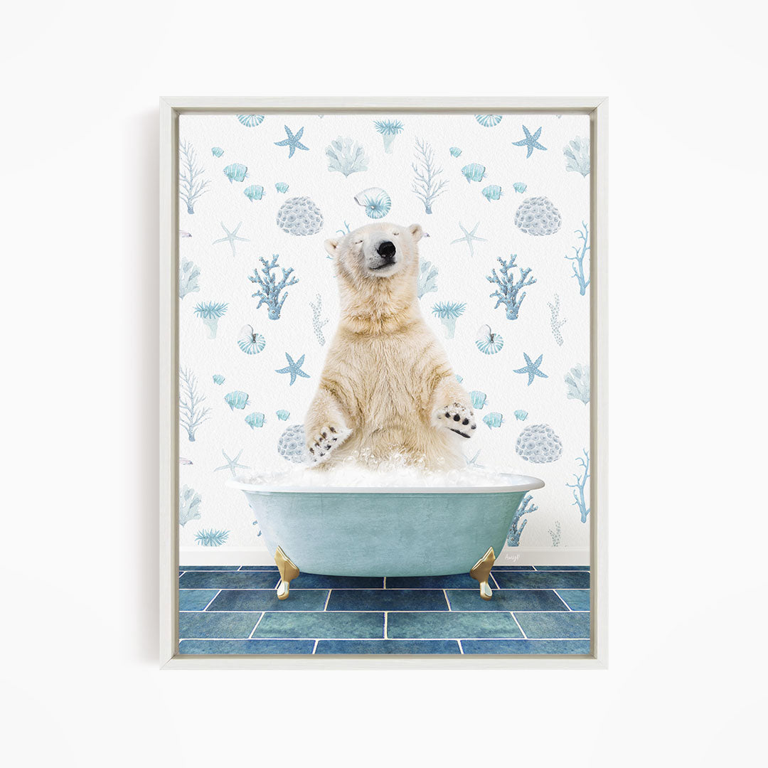 A polar bear sitting in a bathtub filled with bubbles, surrounded by a pattern of seashells and starfish.