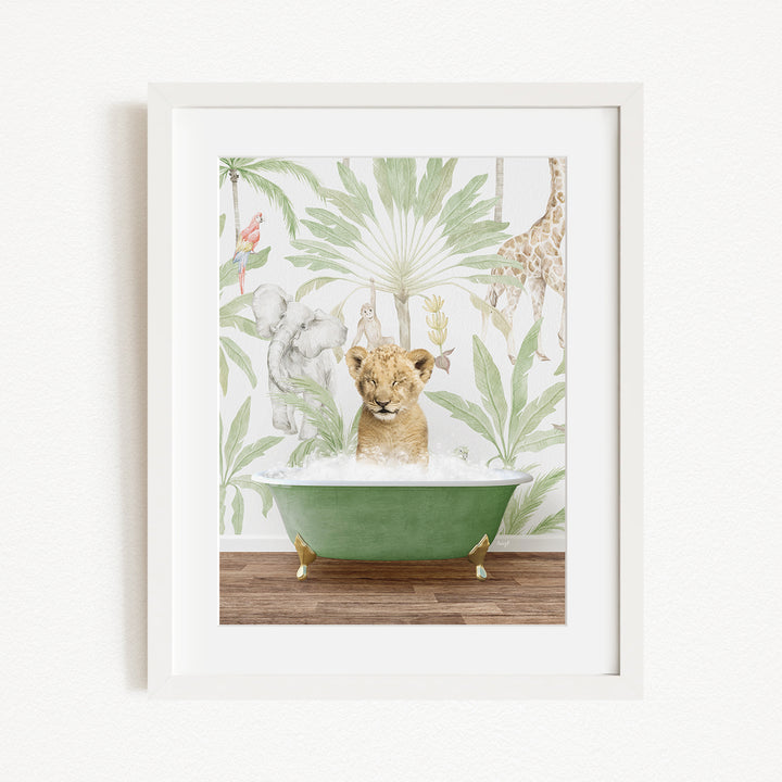 A young lion cub sitting in a green bathtub, surrounded by a tropical jungle wallpaper with various animals such as elephants, giraffes, and palm trees.