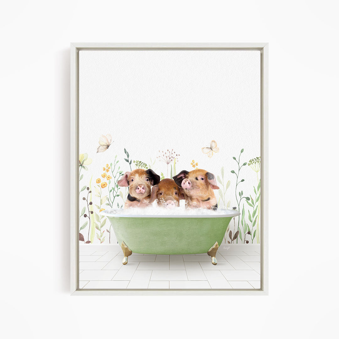 Three adorable pigs sitting in a green bathtub, surrounded by flowers and butterflies, creating a whimsical and charming scene.