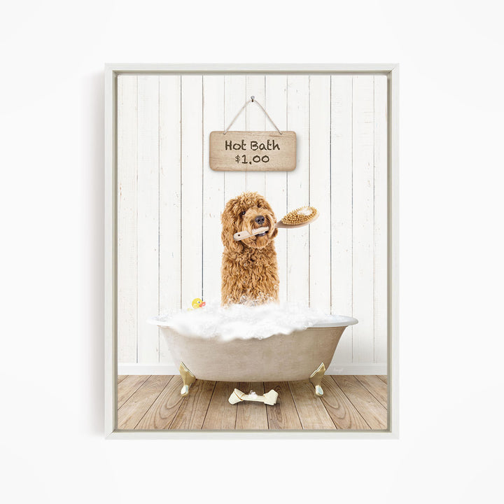 A brown dog is sitting in a white bathtub filled with bubbles, with a sign above the tub that reads "Hot Bath $1.00".