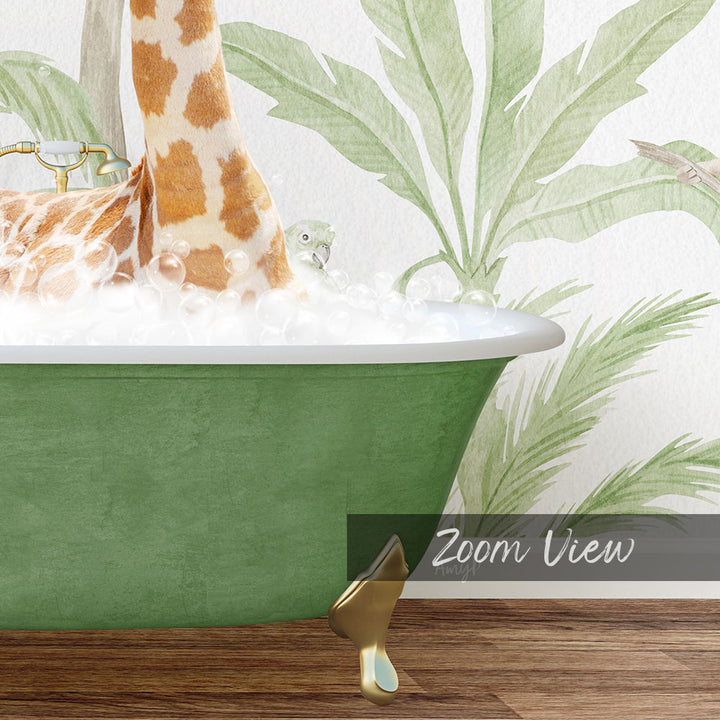 A giraffe standing in a green bathtub filled with bubbles, with a palm tree and bird in the background.