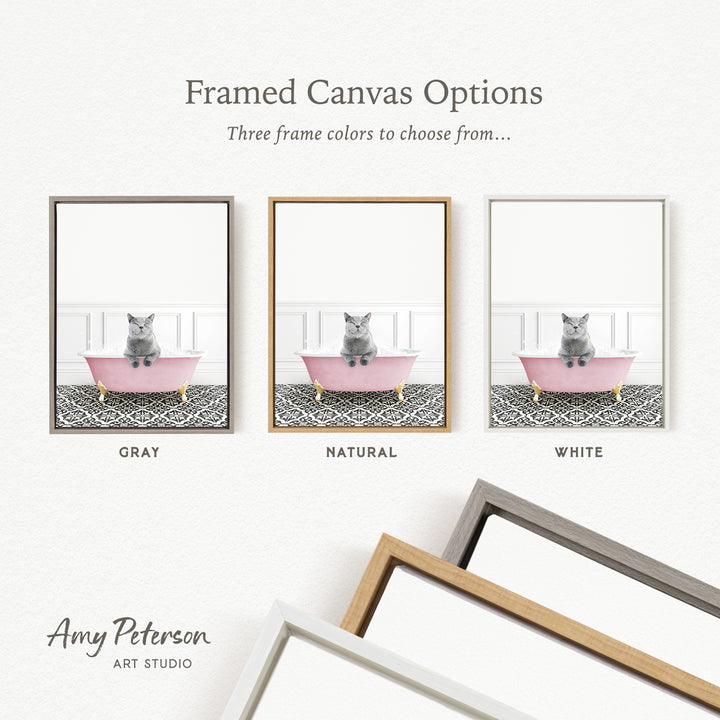 three framed canvas options, each featuring a cat sitting in a bathtub. The options include a gray bathtub, a natural bathtub, and a white bathtub. The text above the images reads " Framed Canvas Options" and "Three frame colors to choose from...".