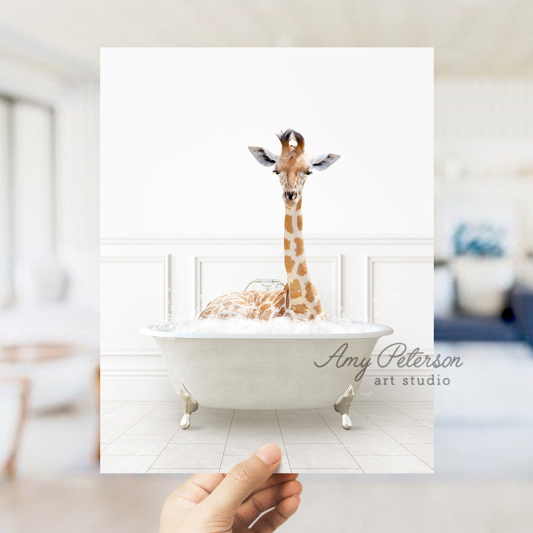 a giraffe sitting in a bathtub with its head above the bathtub