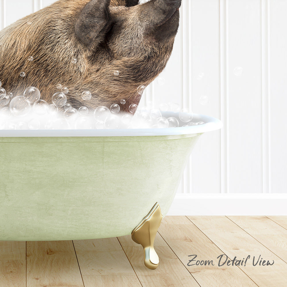 A dog is sitting in a green bathtub filled with bubbles, enjoying a bath.