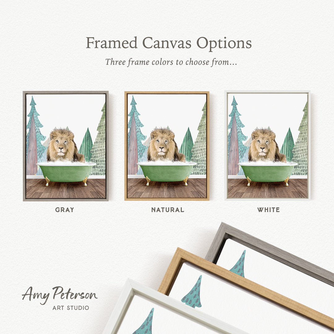 The image is a framed canvas option featuring a lion sitting in a bathtub, surrounded by trees. There are three different frame colors to choose from: gray, natural, and white.