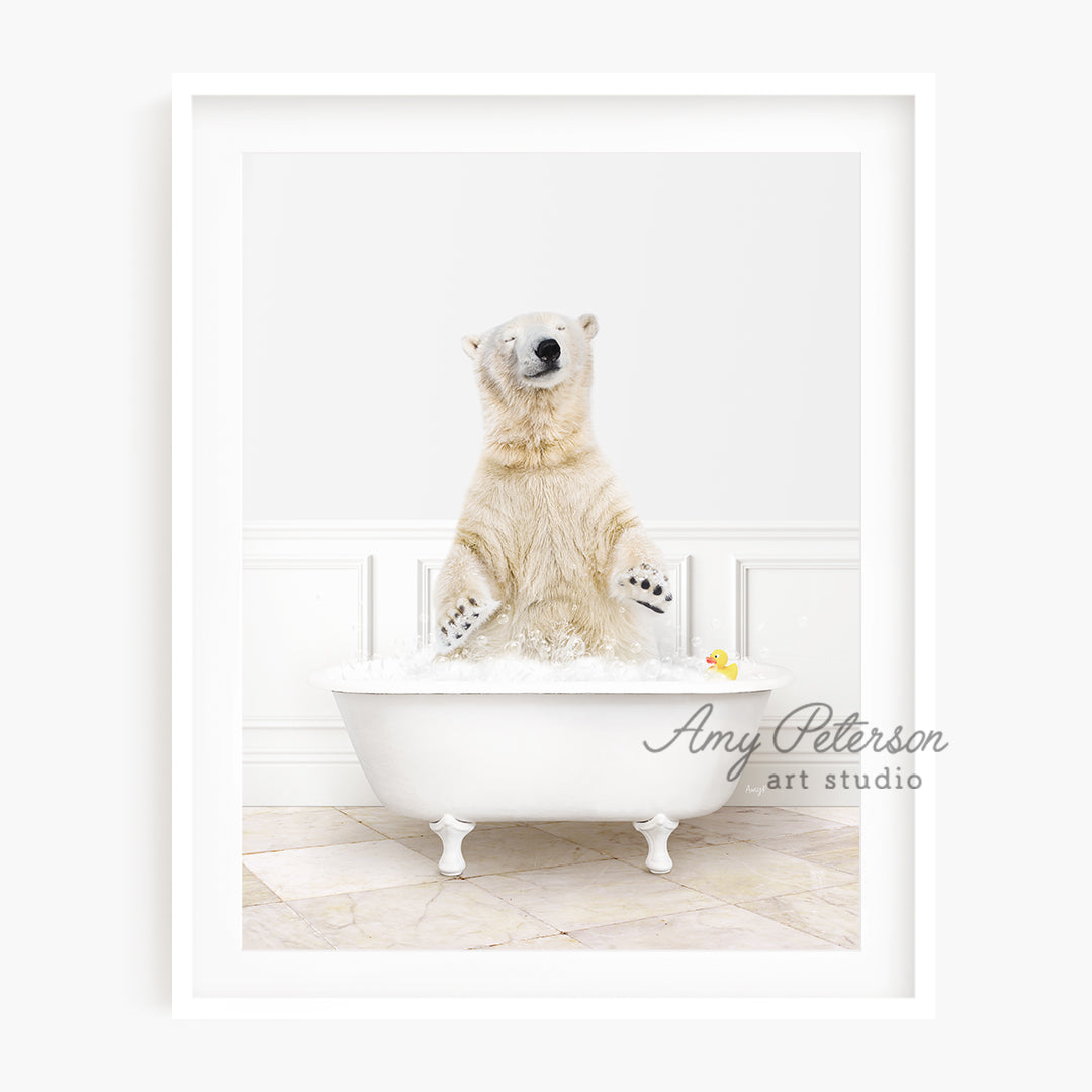 a polar bear sitting in a bath tub