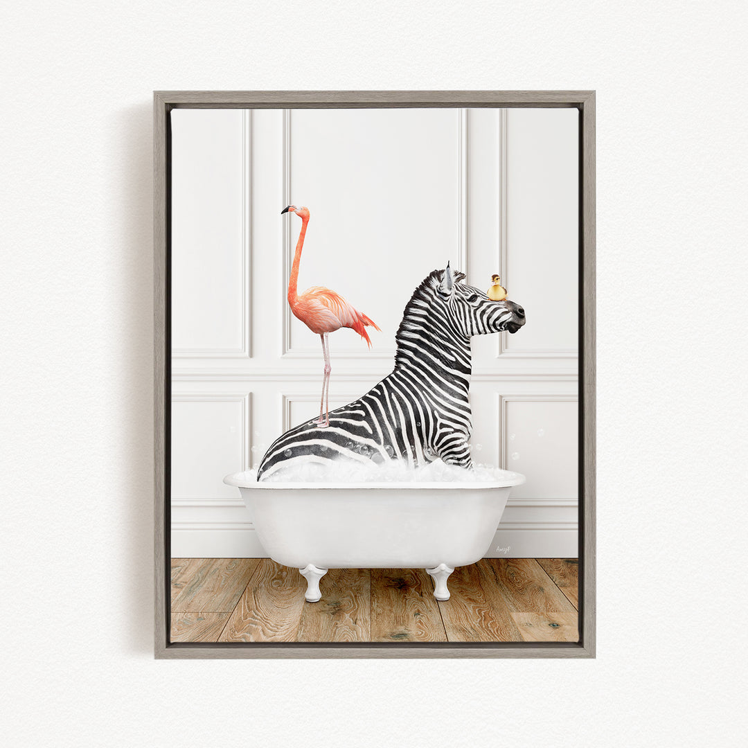 A zebra is sitting in a white bathtub, with a pink flamingo standing on its back and a yellow bird perched on its head.