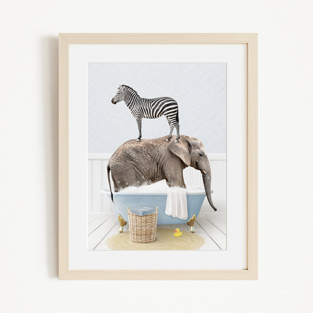 A zebra standing on an elephant's back, both in a bathtub, with a basket of rubber ducks nearby.