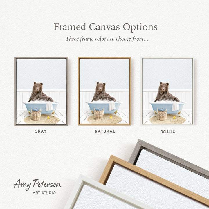 three framed canvas options featuring a brown bear sitting in a bathtub, with each frame having a different color.