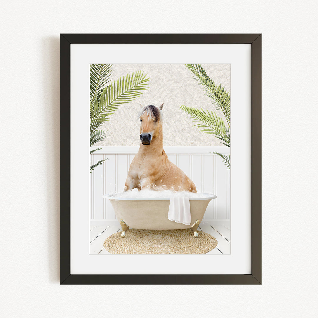 A horse sitting in a bathtub filled with water, surrounded by palm leaves, creating a whimsical and relaxing scene.