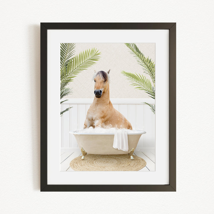 A horse sitting in a bathtub filled with water, surrounded by palm leaves, creating a whimsical and relaxing scene.