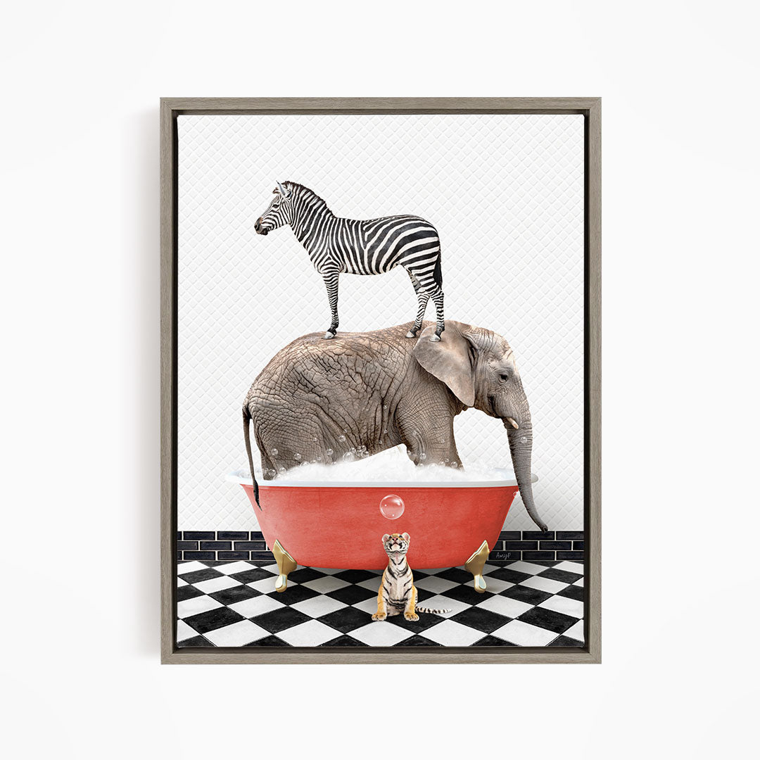 A zebra stands on an elephant's back, while a small tiger sits in a bathtub filled with bubbles, all set against a black and white checkered floor.