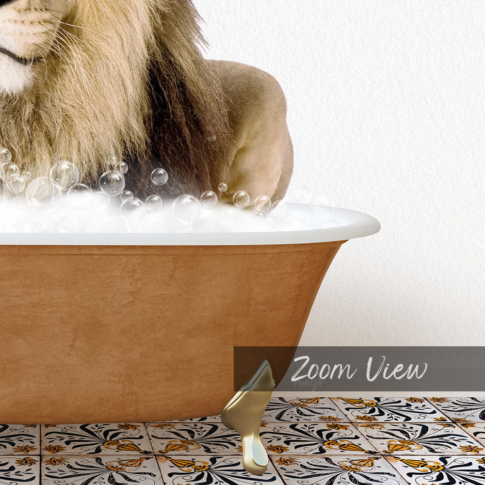 A lion is sitting in a bathtub filled with bubbles, creating a whimsical and playful scene.