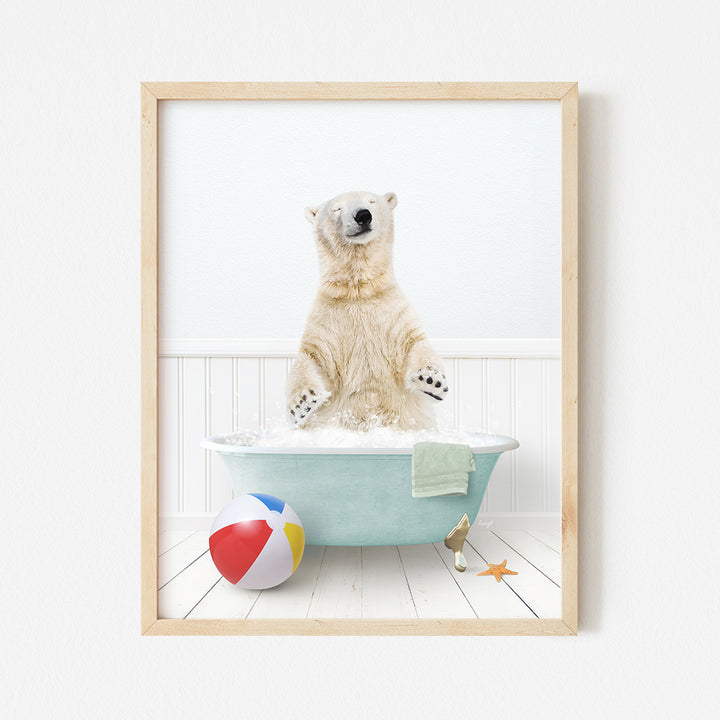 a polar bear sitting in a bathtub with a beach ball