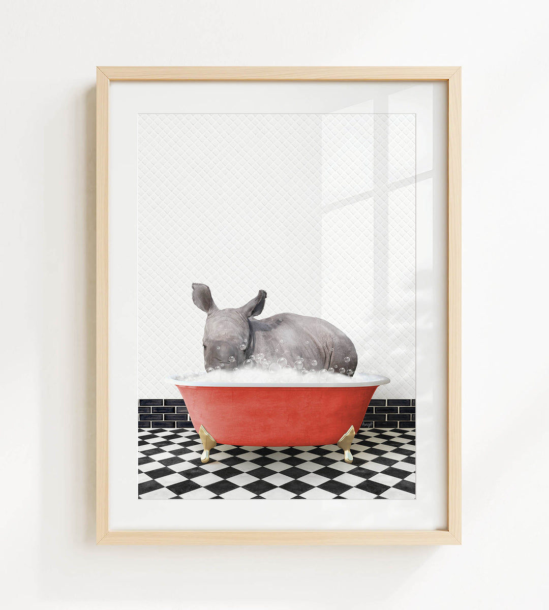 A rhinoceros is sitting in a red bathtub filled with water, surrounded by a black and white checkered floor.