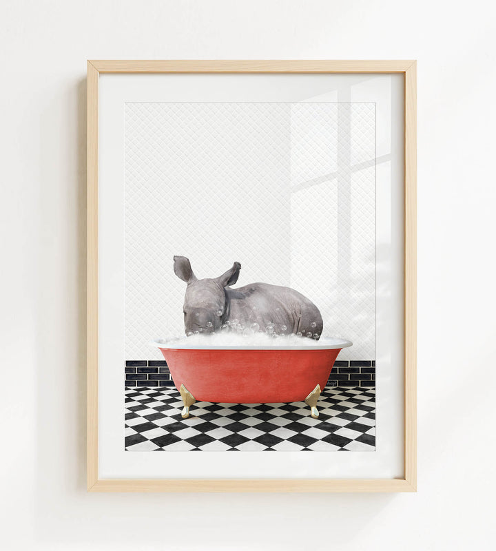 A rhinoceros is sitting in a red bathtub filled with water, surrounded by a black and white checkered floor.