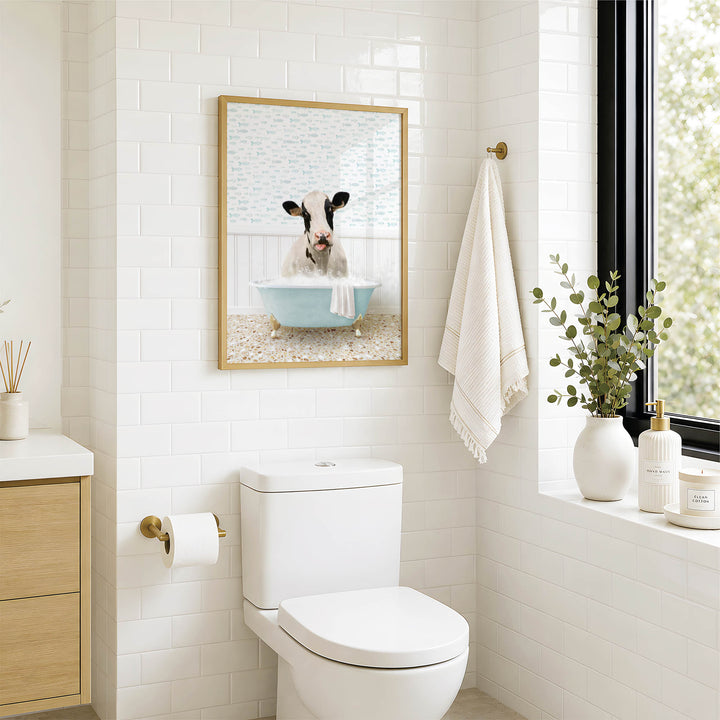 A bathroom with a white toilet, a framed picture of a cow in a bathtub, and a window with greenery on the sill.