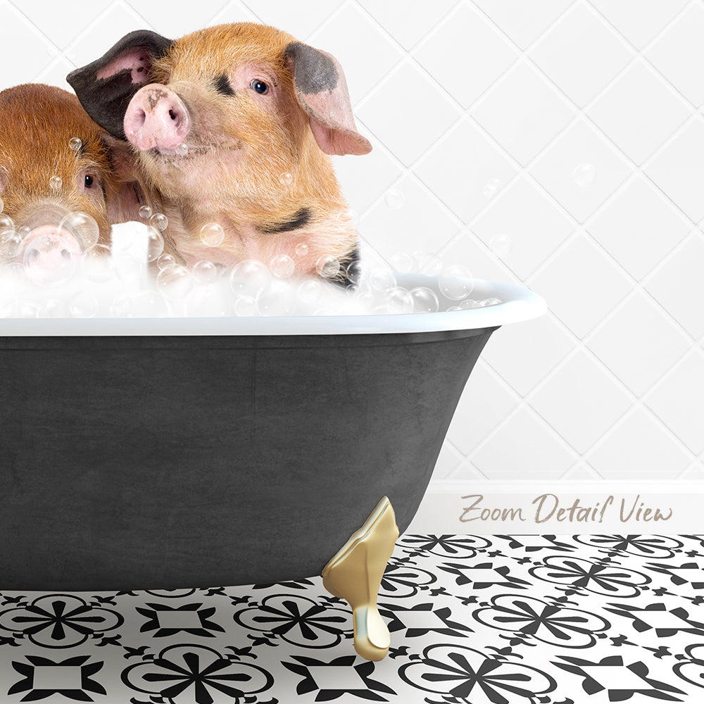 A pair of adorable pigs sitting in a bathtub filled with bubbles, creating a playful and whimsical scene.