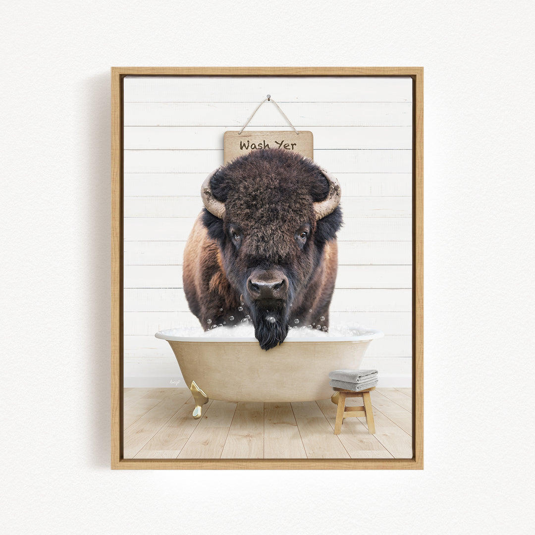 A buffalo with a beard is sitting in a bathtub, with a sign above it that says "Wash Yer".