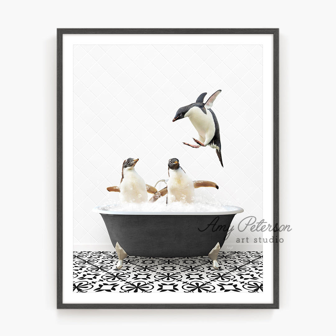 a picture of three penguins in a bathtub