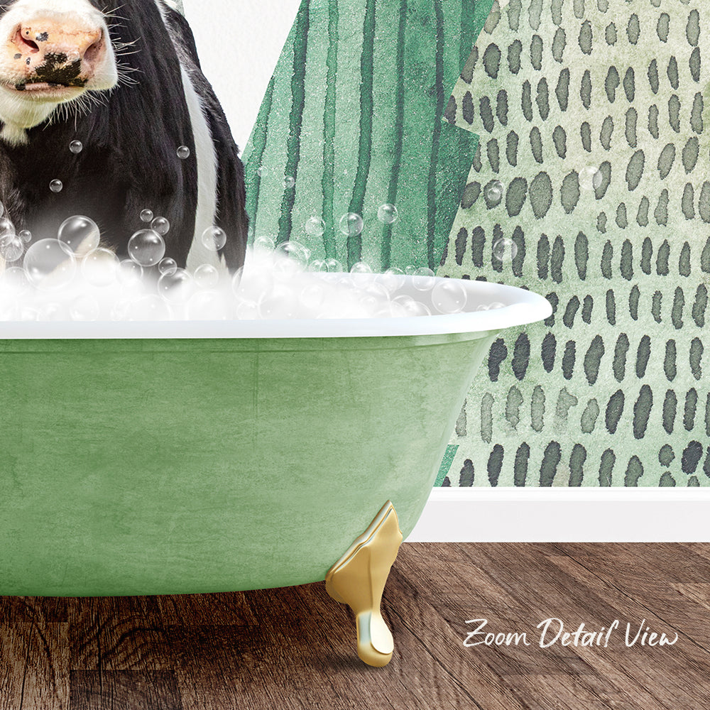 A cow is standing in a green bathtub filled with bubbles, with a patterned wall in the background.