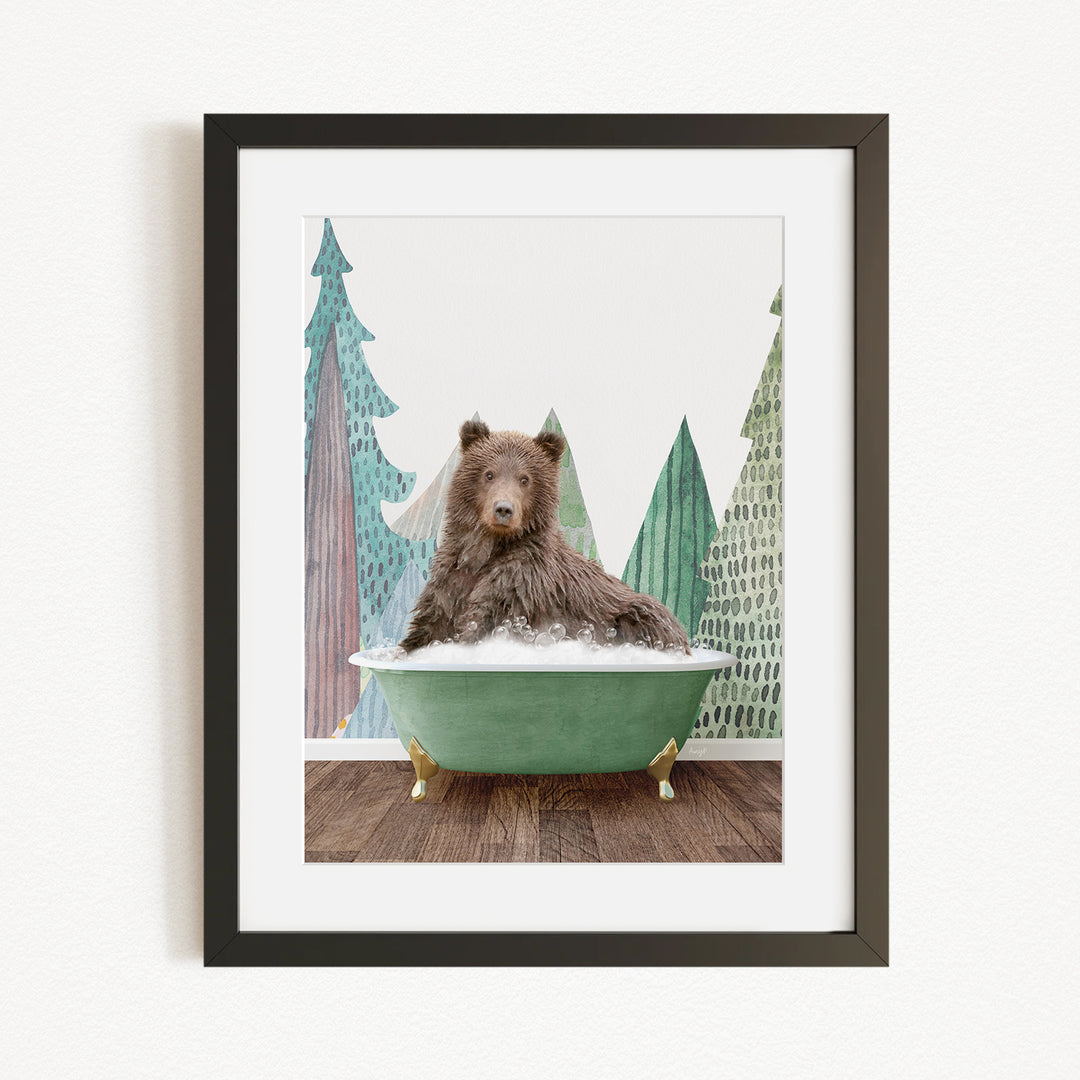A brown bear is sitting in a green bathtub, surrounded by trees and a forest-like background.