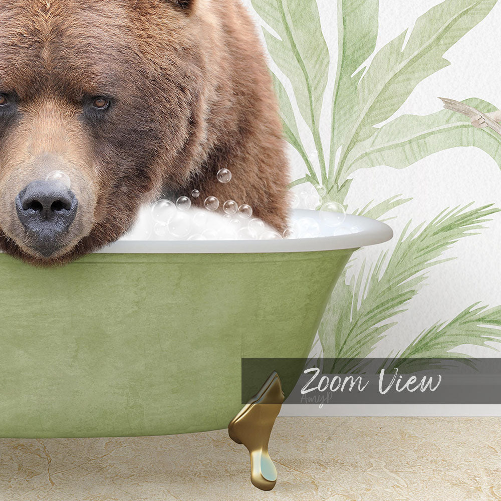 A large brown bear is sitting in a green bathtub filled with bubbles, creating a whimsical and playful scene.