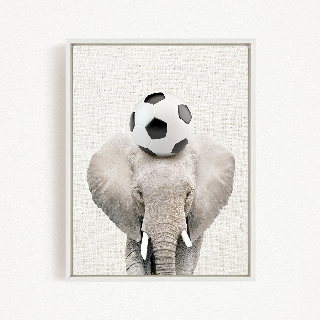 A gray elephant balances a soccer ball on its head, creating a playful and whimsical scene.