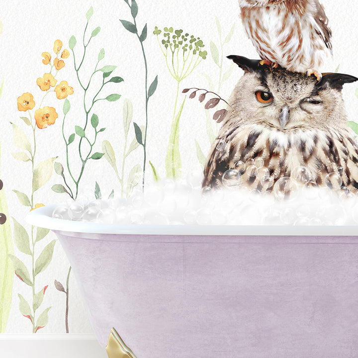 an owl sitting on top of another owl in a bathtub