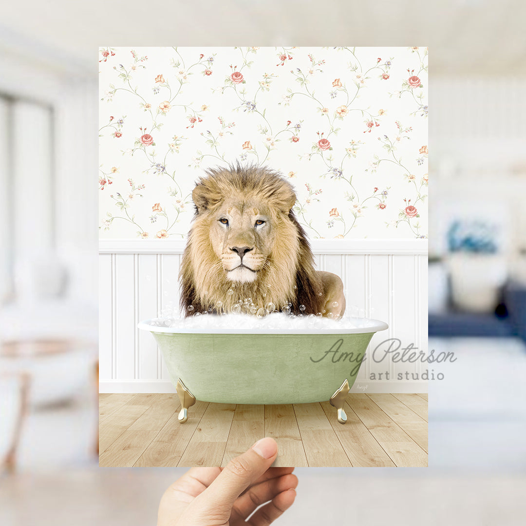 a hand holding a photo of a lion in a bathtub