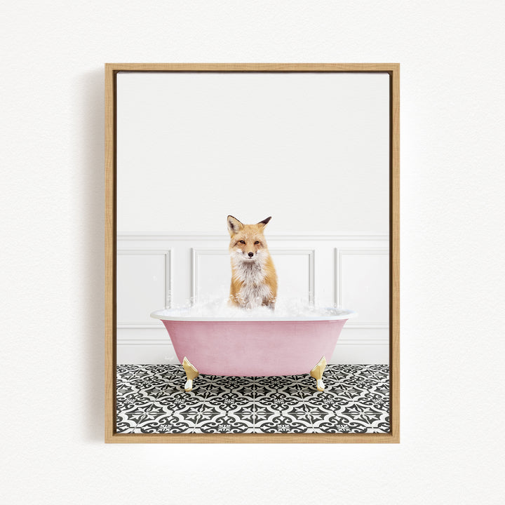 A fox is sitting in a pink bathtub filled with water, surrounded by a black and white patterned floor.