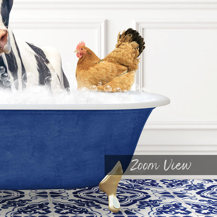 A chicken is sitting in a blue bathtub filled with bubbles, with a white wall and a patterned tile floor in the background.